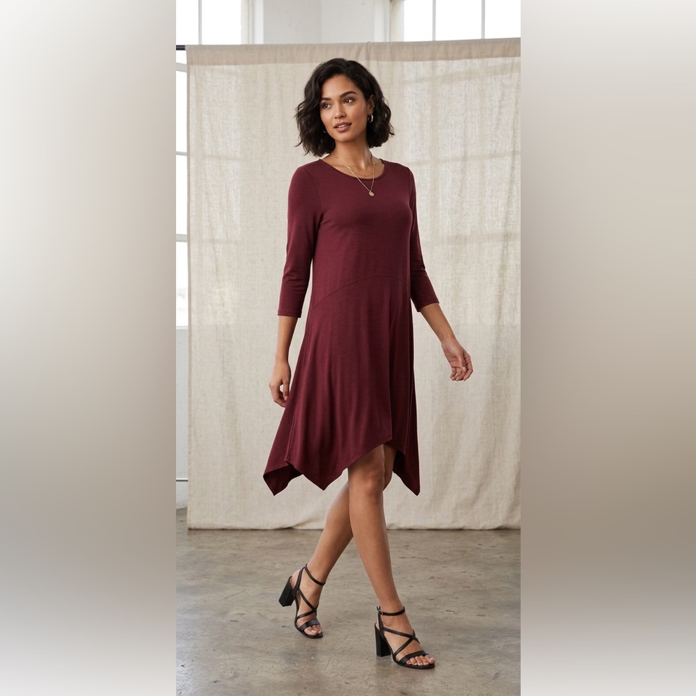 Eileen‎ Fisher Scoop Neck Midi Dress | Burgundy Passion Flower Sharkbite Hem